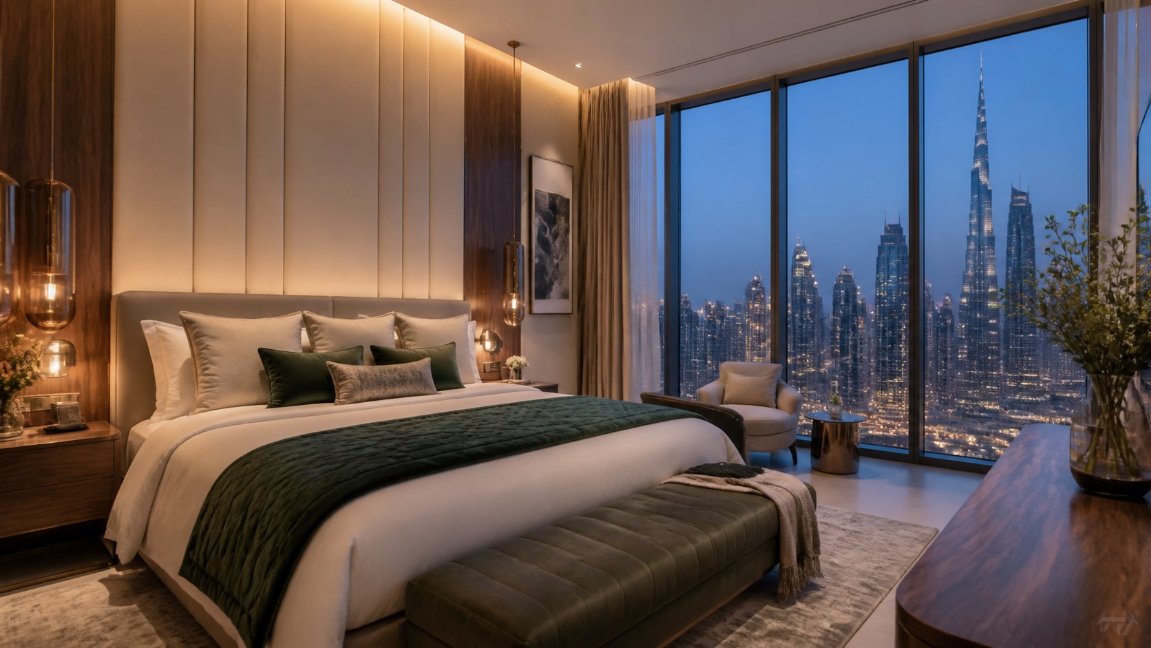 Primary bedroom with Dubai skyline view